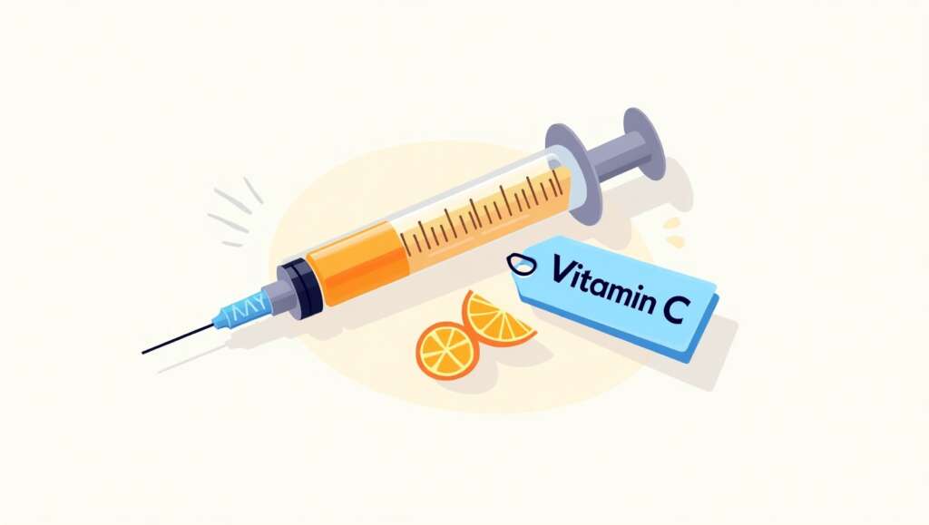Syringe filled with orange Vitamin C serum, next to orange slices.