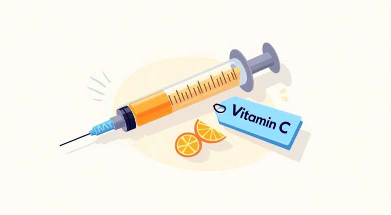 Syringe filled with orange Vitamin C serum, next to orange slices.