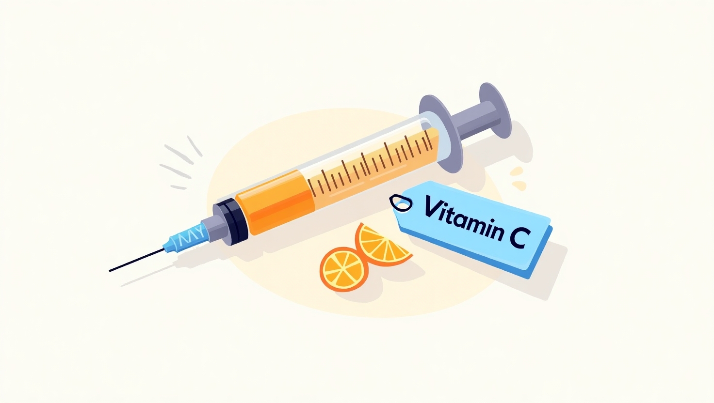 Syringe filled with orange Vitamin C serum, next to orange slices.